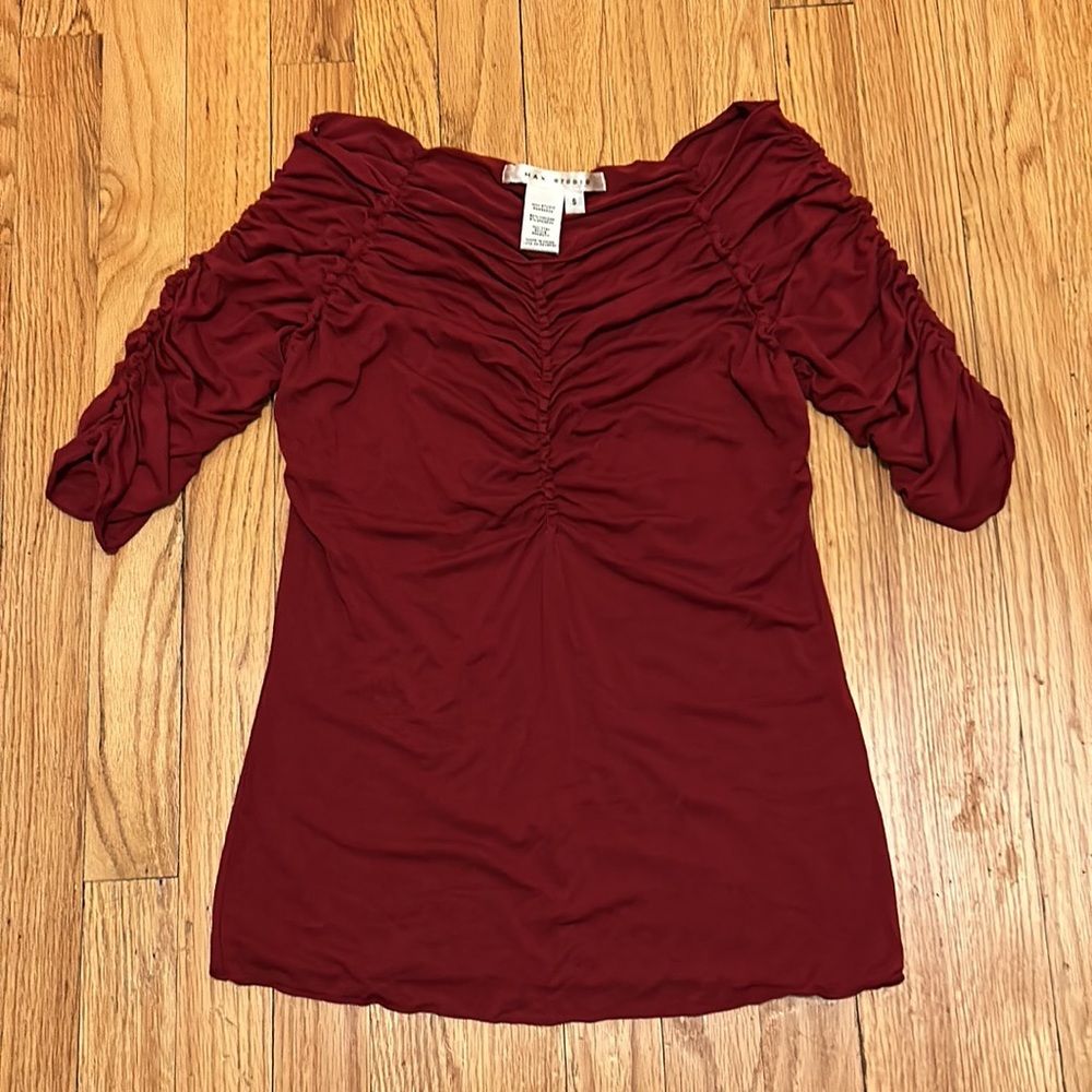 Women’s MAX STUDIO 3/4 Sleeve Gathered Ruching Stretch Top Dark Red Sz Small